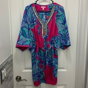 Lilly Pulitzer Pink Blue Beaded Tropical Print Tunic Dress